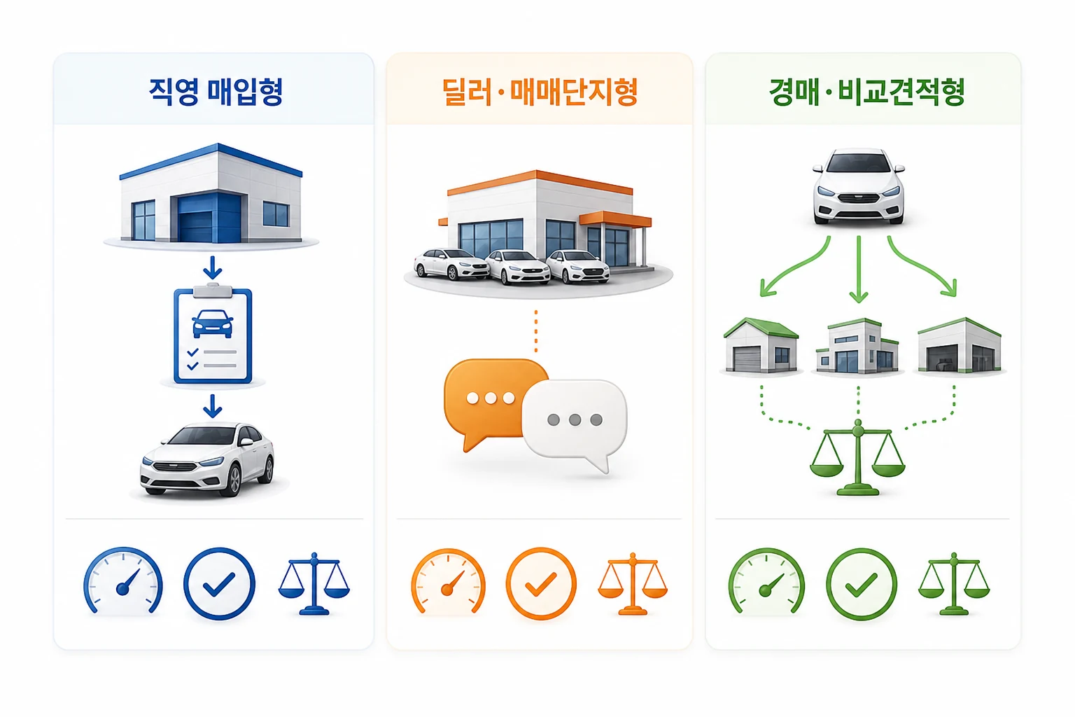 중고차 판매처 3유형 구조 비교 직영 매입형, 딜러·매매단지형, 경매·비교견적형 세 가지 중고차 판매처 유형을 매입 방식과 거래 구조 기준으로 비교한 다이어그램