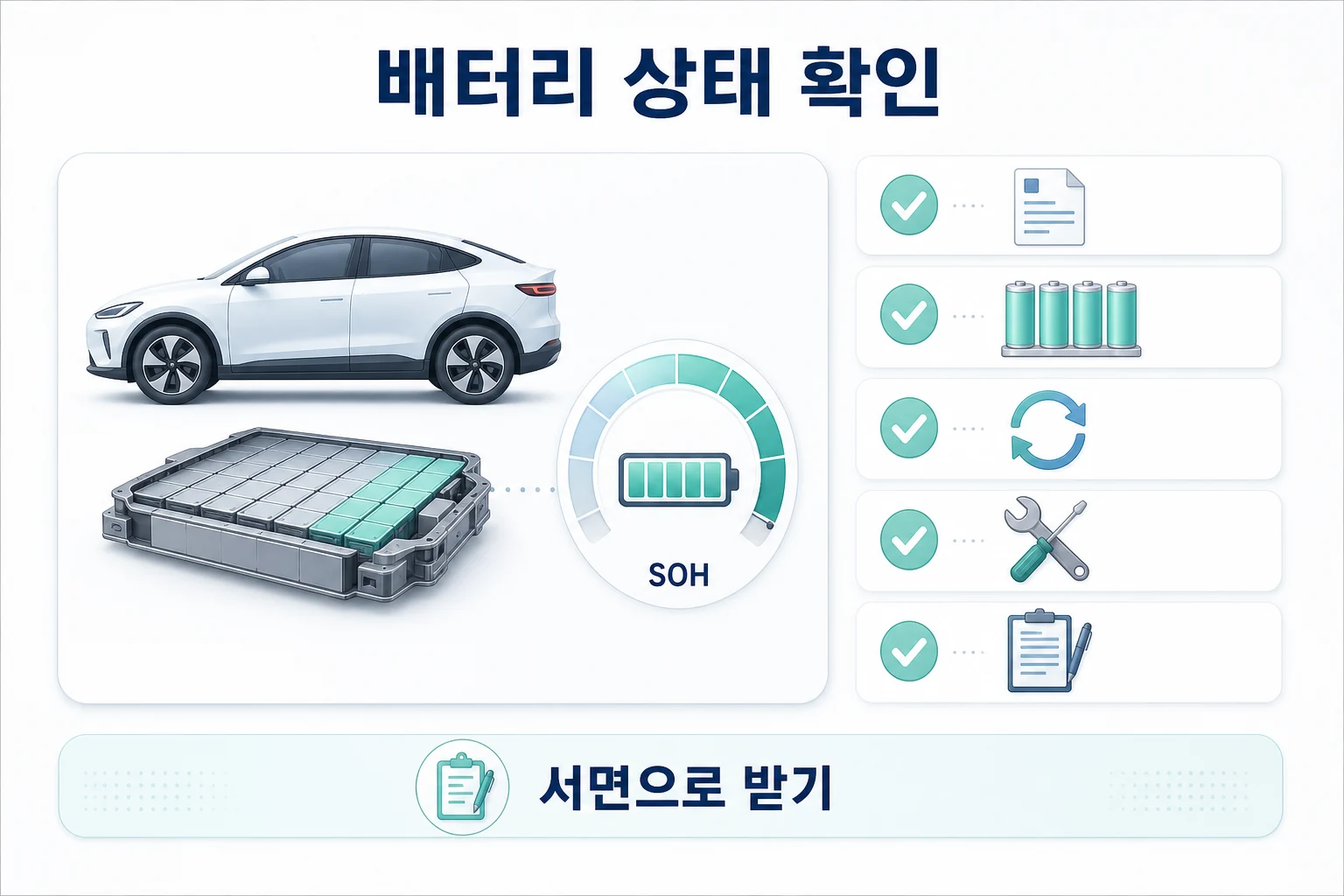 중고 전기차 배터리 상태 확인 체크리스트 중고 전기차 배터리 진단 시 SOH, 셀 밸런스, 충전 사이클, 진단 주체, 서면 확인을 아이콘으로 정리한 체크리스트 이미지